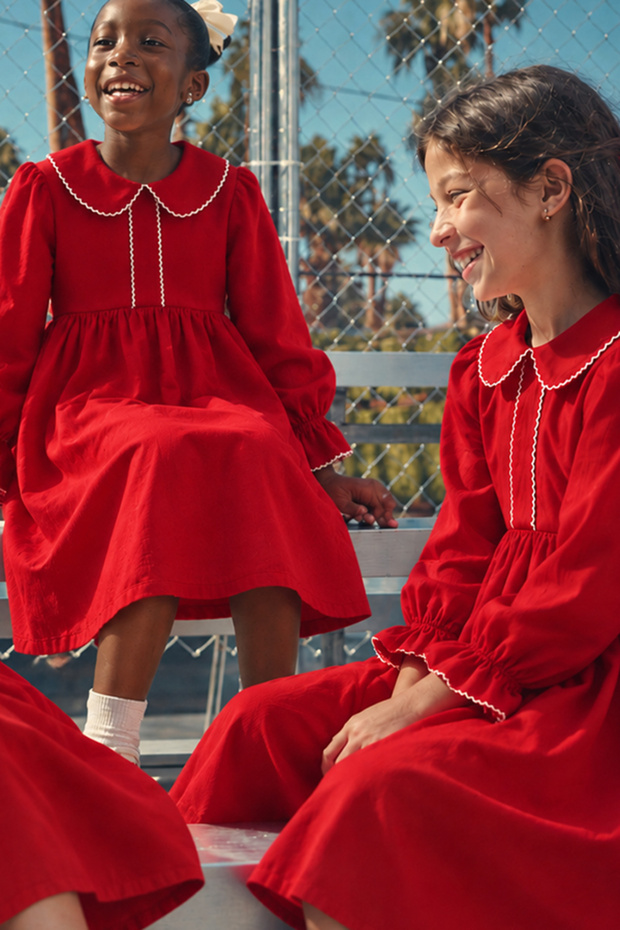 Girl's Festive Red Cotton Poplin White Crochet Embroidered Midi Length October 29Th Special Occasion Dress