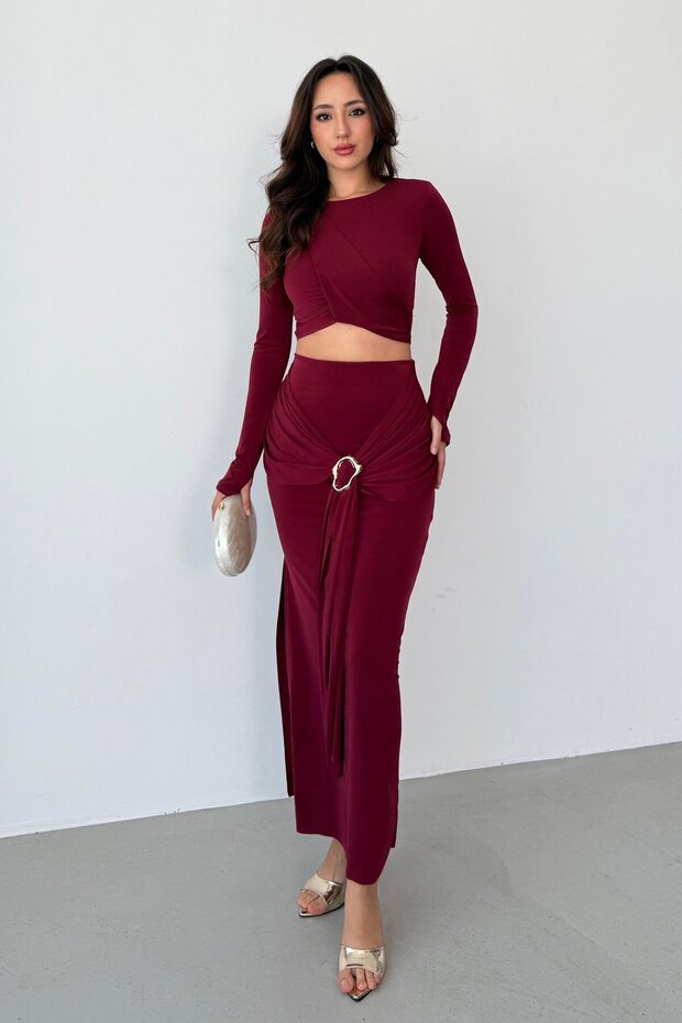 Burgundy Buckle Detailed Blouse Skirt Set