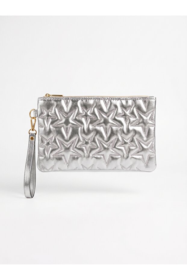 Women's Silver Star Quilted Portfolio Handbag with Wrist Strap Zippered Clutch Multi-Purpose Makeup Bag