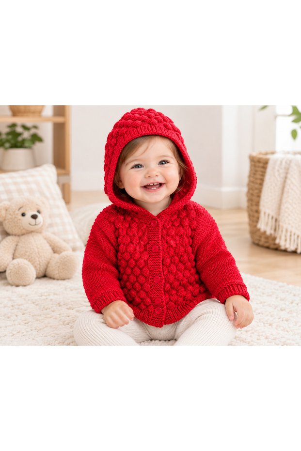 1 Year Old Bonbon Model Baby Girl-Boy Cardigan with Hat (100% Hand Knitted)
