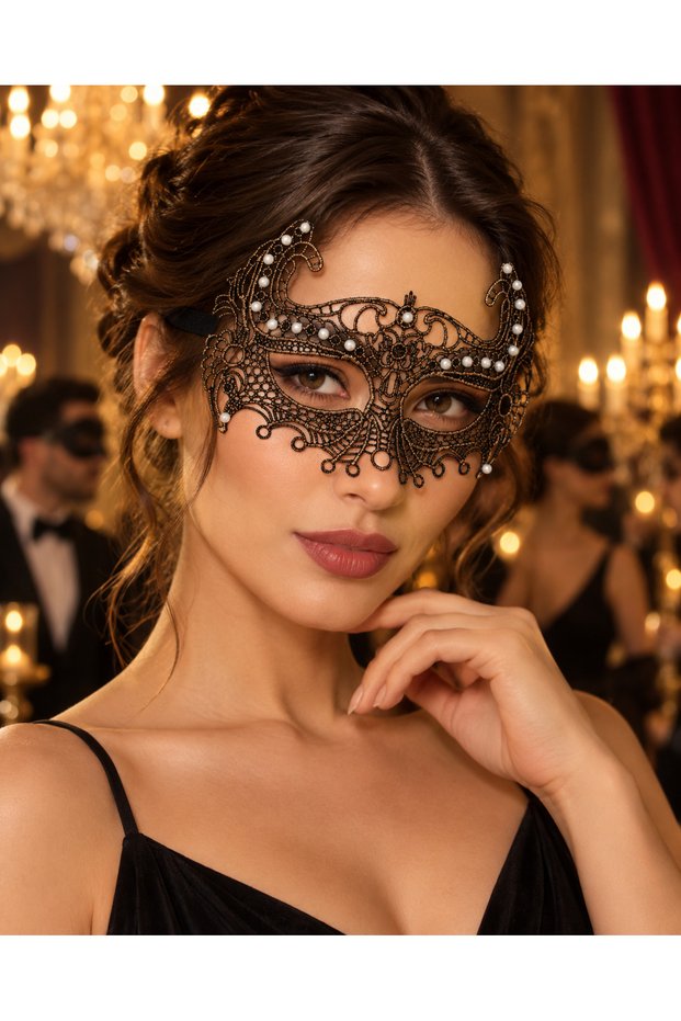 Black Gold Pearl Detailed Venetian Mask Lace Look Party Costume Mask