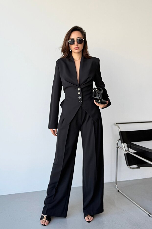 Black Double-Breasted Jacket and Trousers Set with Back Tie