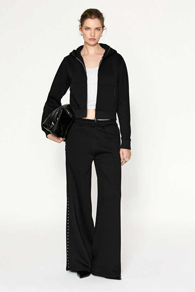 Rosera Women's Organic Cotton Stoned Drawstring Black Trousers