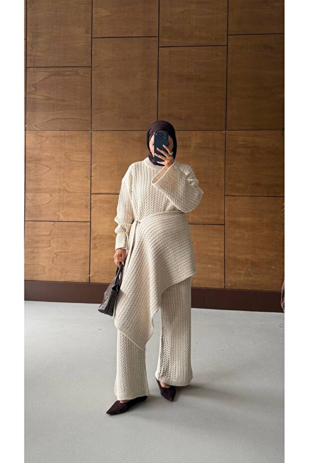 Women's Knitwear 3-Piece Set | Knitted Patterned Tunic Pants Shawl Detailed Belted Hijab Top and Bottom Set Combination