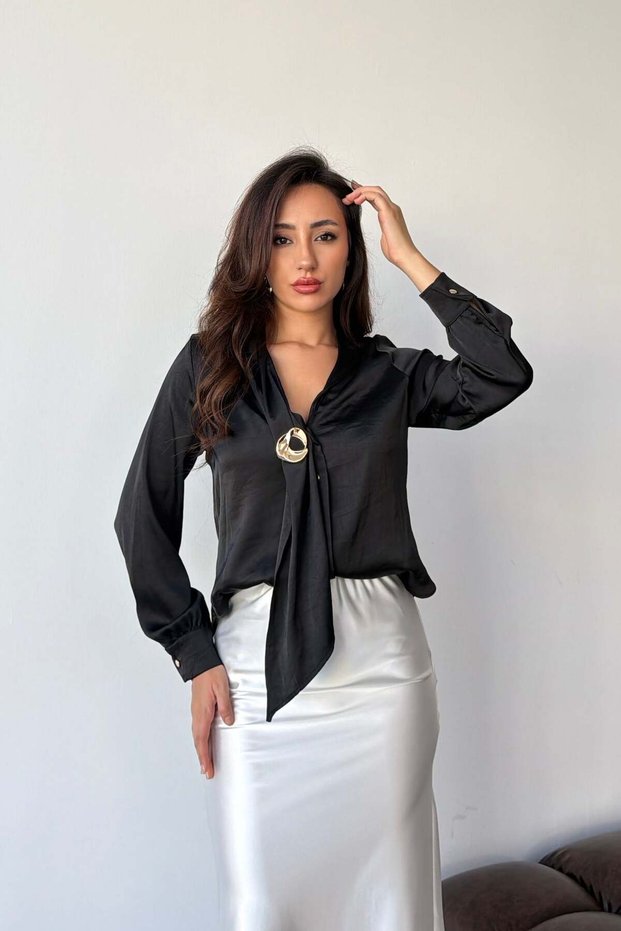 Black Shawl Collar Blouse with Gold Brooch Detail