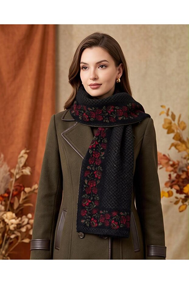 Cashmere Textured Rose Model Knitwear Scarf
