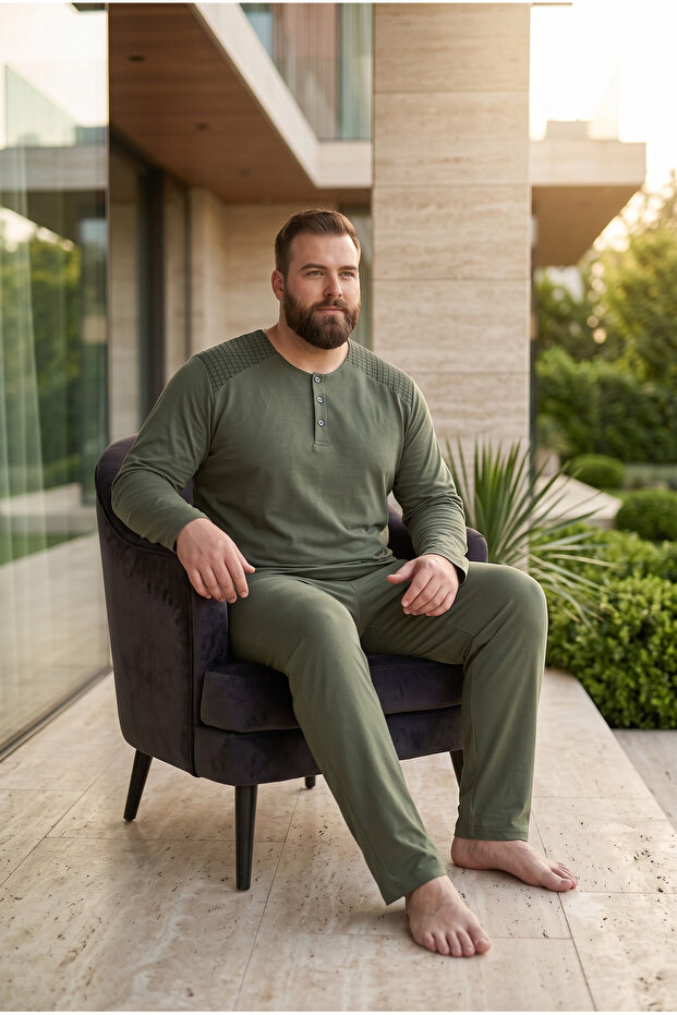 Interlock Fabric Collar Buttoned Long Sleeve Plus Size Men's Pajama Set 8587