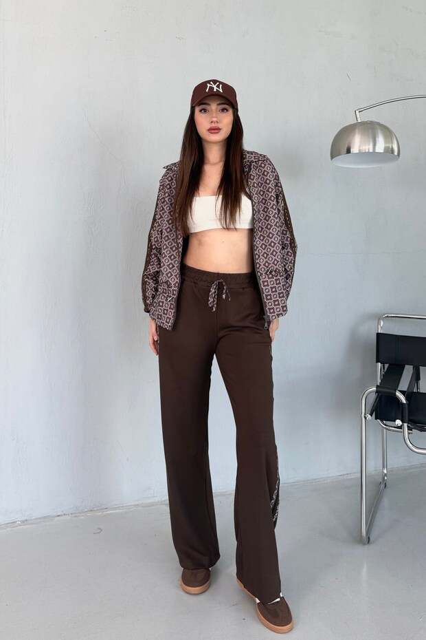 Brown Waist-Cinched Patterned Stripe Detailed Set