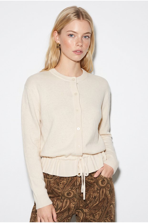 Women's Cream Waist-Tied Buttoned Knitwear Cardigan Th261053 60286485