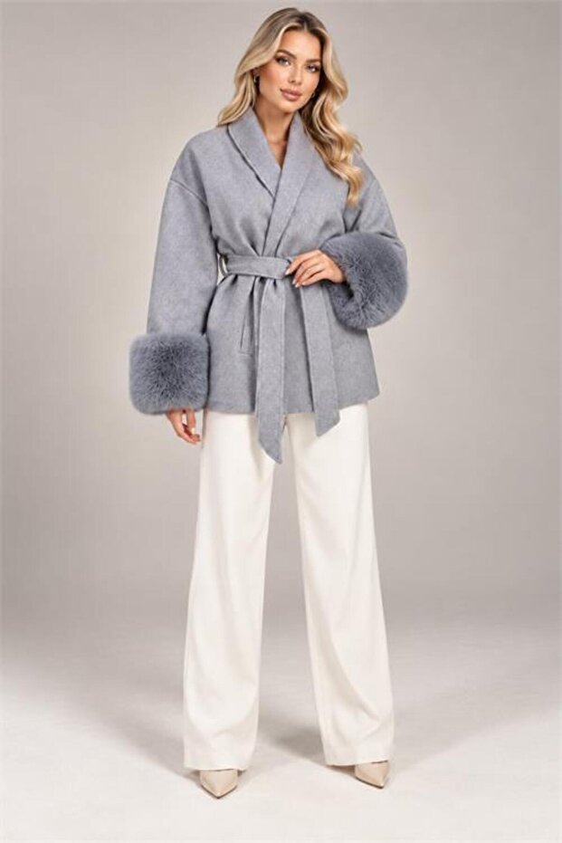 Women's Gray Belted Short Coat with Fur Sleeves and Details Nbstr2026