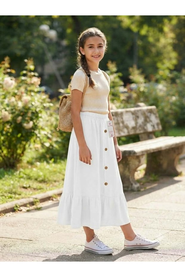 Girl's Long Skirt with Buttons on the Front and Elastic Waist (Our Product Is Only the Skirt)
