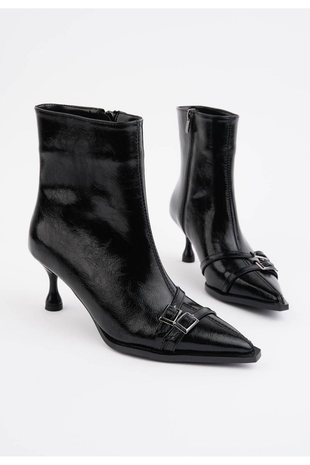 Seo Women's Pointed Toe Double Buckle Heel Boots