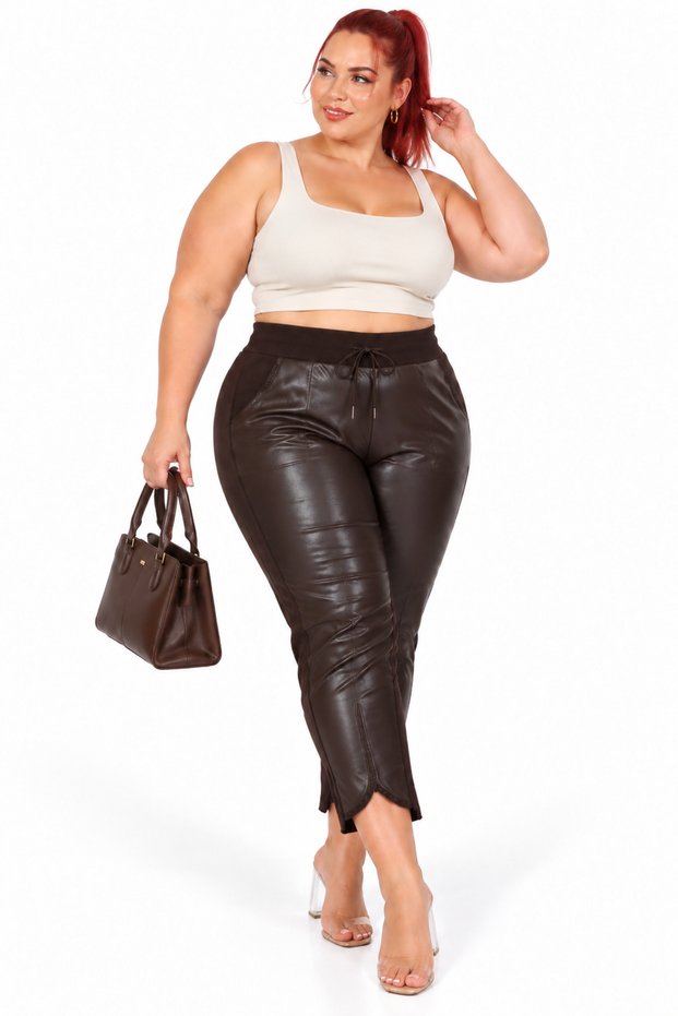 Plus Size Mom High Waist Leather-Look Leg Detailed Knitted Women's Trousers