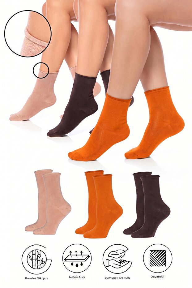 Bamboo Women's Elasticless Orange-Brown-Beige Seamless Premium Socks 3-Pack / Non-Marking / Non-Tightening Socks