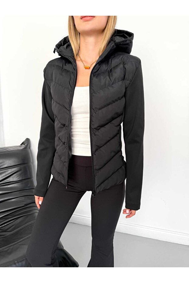 Women's Black Color Hooded Quilted Lined Zippered Seasonal Coat