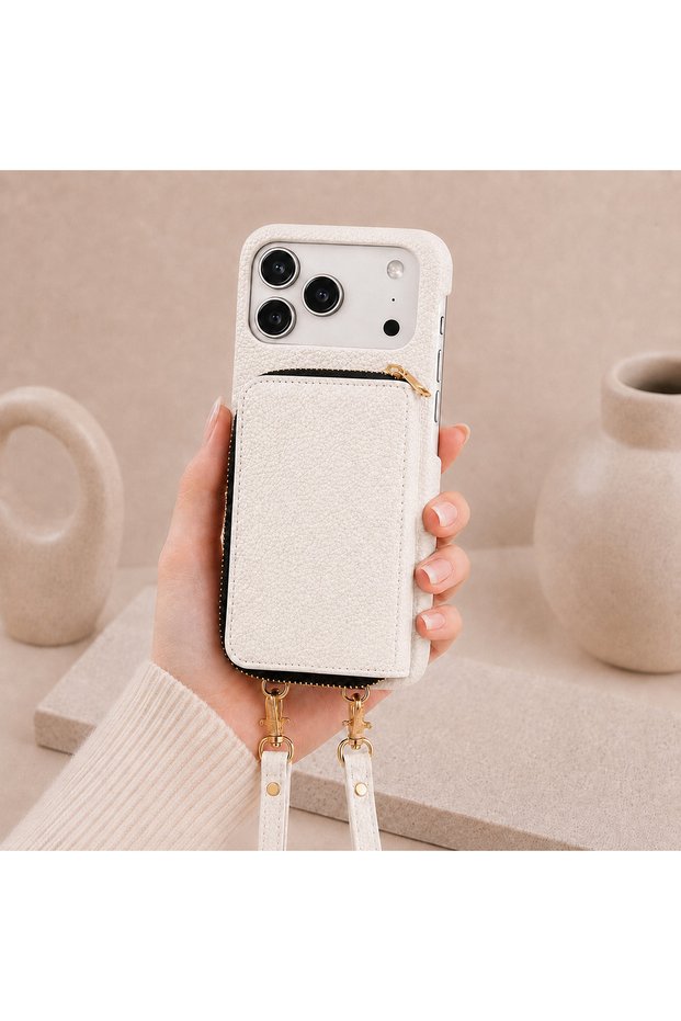 iPhone 18 Pro (6.3 Inch) Compatible Premium Lux Leather Case with Open Sides, Slim Design, Wallet, Zipper, Card Holder, Crossbody Neck Strap, and Drawstring Strap