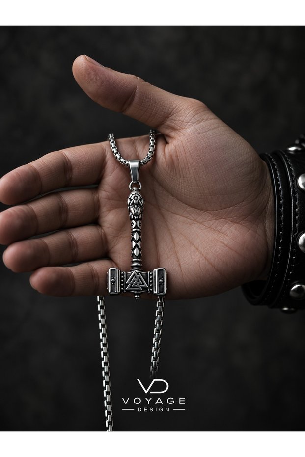 Stainless Steel Norse Mythology Silver Color Viking Thor Hammer Mjolnir Valknut Men's Necklace