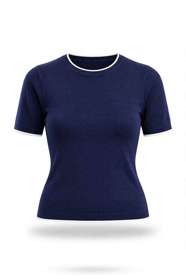 Navy Blue Short Sleeve Knitwear with Piping Detail 6504