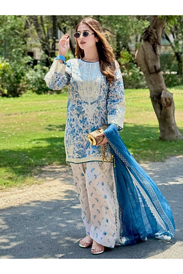 Blue Natural Crepe Top Bottom & Dupatta - HRT3462 | Blue-Size:2XL-44-Inches