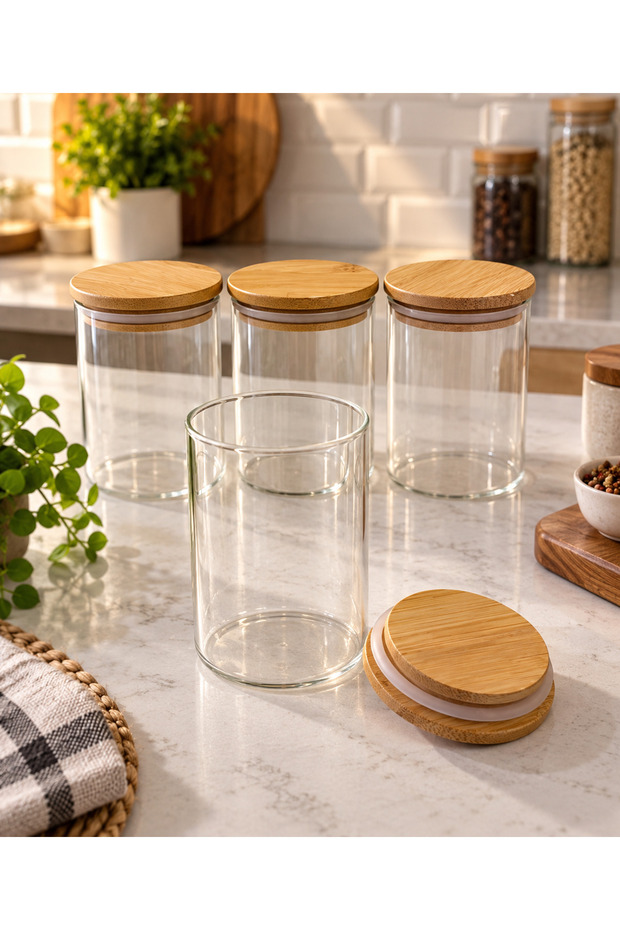 Vacuum Borosilicate Glass Jars with Bamboo Lids 4 Pieces 5 cm × 8 cm 150 ml