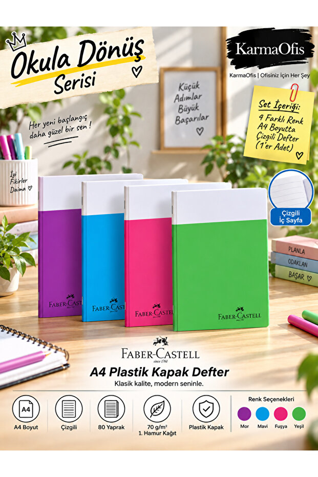 Faber-Castell A4 Lined Notebook 80 Sheets 70 Gr Plastic Cover – Purple, Blue, Fuchsia, and Green Color Options Set of 4