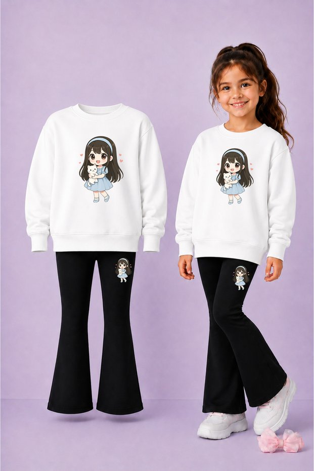 Girls' Crew Neck Sweatshirt and Spanish Leggings Set – Winter Top and Bottom Set