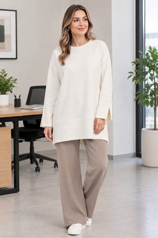 Tunic Blouse with Basic Slit Detail on Sides and Sleeves Ecru