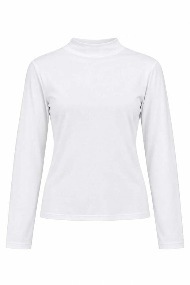 White Cotton Lycra Stretch Fabric Turtleneck Long Sleeve Slim Fit Knitted Basic Blouse
