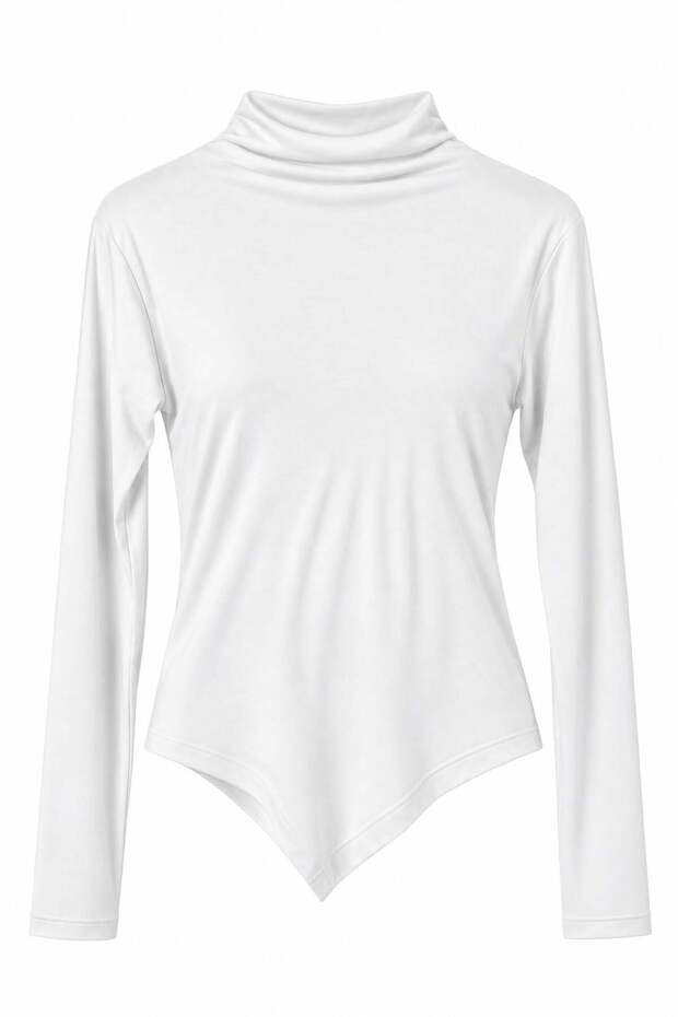 White Stretchy Viscose Fabric Turtleneck Long Sleeve Asymmetrical Cut Modern Form Blouse