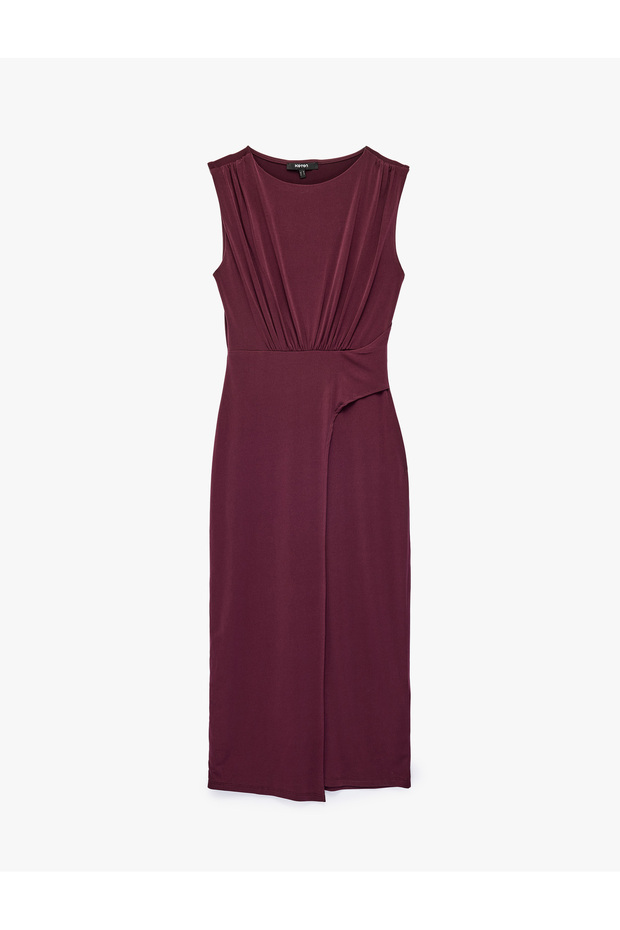 Sandy Fabric Sleeveless Double-Breasted Midi Dress with Metal Accessories