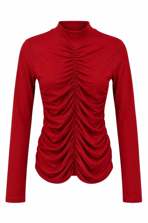 Red Stretchy Textured Turtleneck Long Sleeve Slim Fit Knitted Blouse with Gathered Detail on the Front