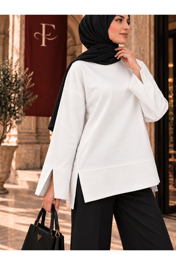 Women's White Modal Fabric Slit Detailed Crew Neck Oversize Hijab Tunic