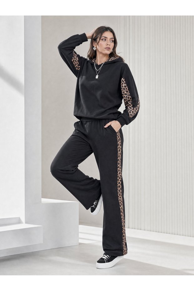 Women's Black Leopard Stripe Detailed Hooded Sweatshirt Wide Leg Sweatpants Set