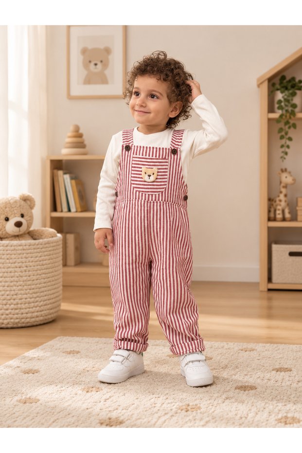 Boy's Striped Slopet Set with Teddy Bear - 2-Piece Set - Salopet Combination with Inner Bodysuit