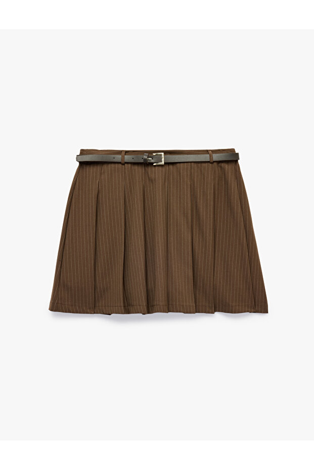 Viscose Blend Belted Pleated Striped Mini Shorts Skirt