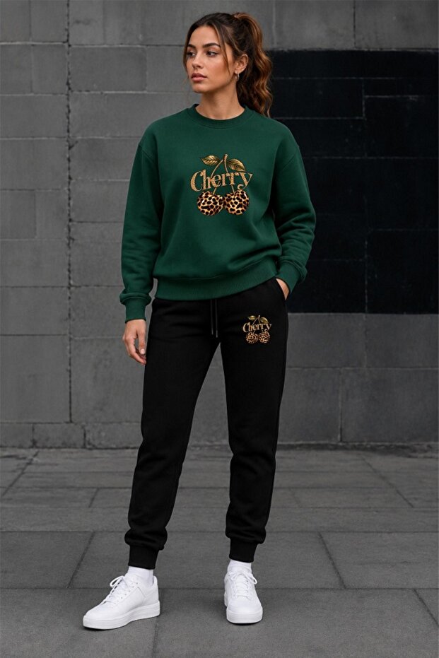Winter Sweat Combination Women's Tracksuit Set Leopard Cherry Detailed Comfortable and Stylish Combination Gold Cherry