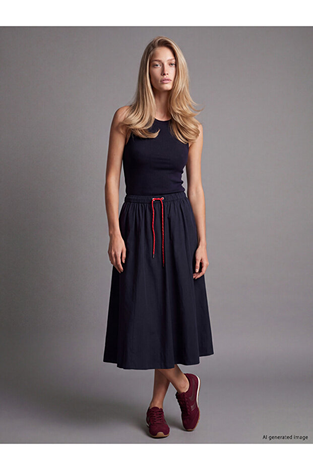 Özmarka New Season Navy Blue Elastic Waist Flared Skirt