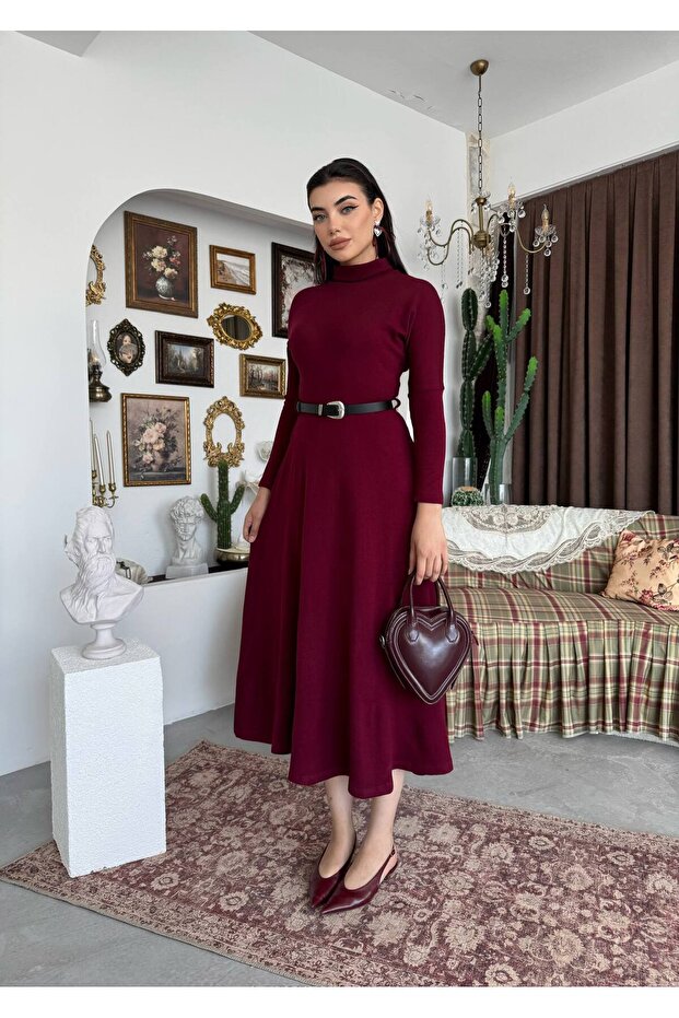 Women's High Neck Belted Long Knit Dress