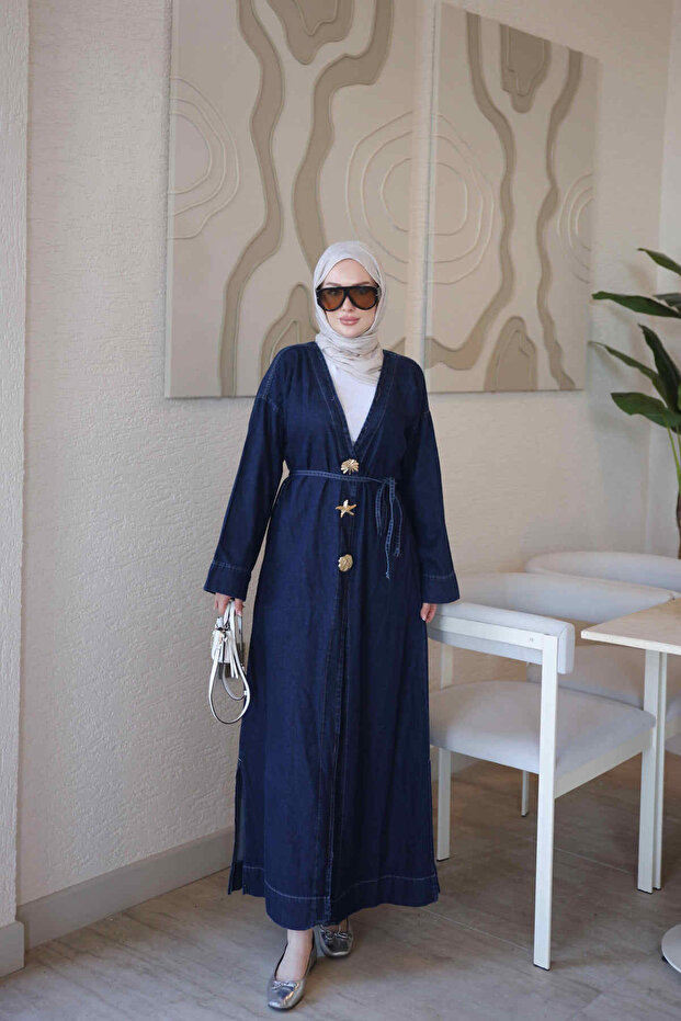 Navy Blue Accessory Belted Long Denim Cap
