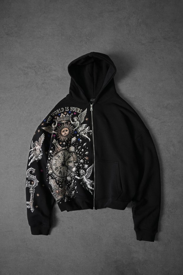 Men's Black Universal Embroidered Oversize Full Zip Hoodie