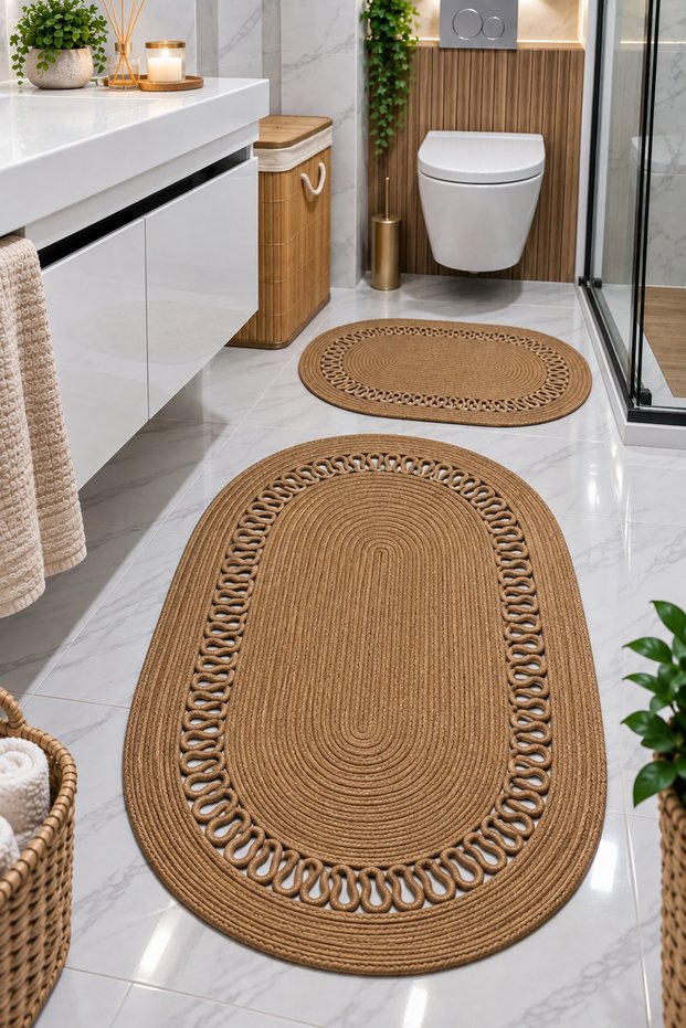 Jute Straw 2-Piece Large Size Bath Mat Set 70X120 and 40X60 cm Bathroom Rug Toilet Mat