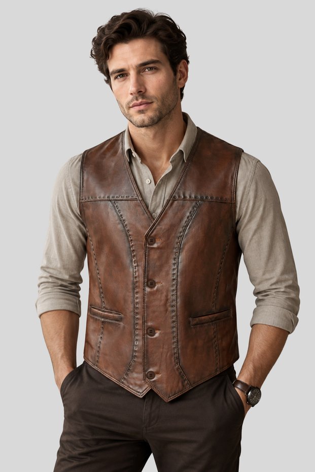 Rodeo Genuine Leather Men's Punto Stitched Tan Vest