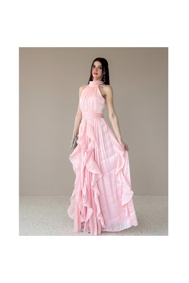 Evening Dress Women's Navy Blue Flounced Halter Neck Pleated Long Dress 8 Color Options