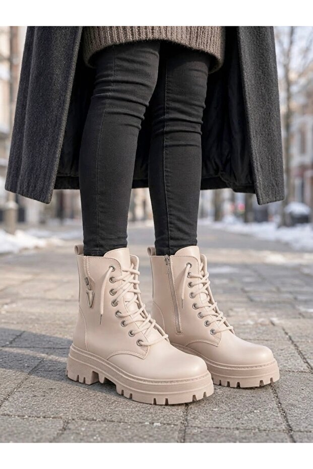 Women's Half Ankle Stitched Sole 5 cm Heel 20 cm Length Zippered Lace-Up Boots-Beige