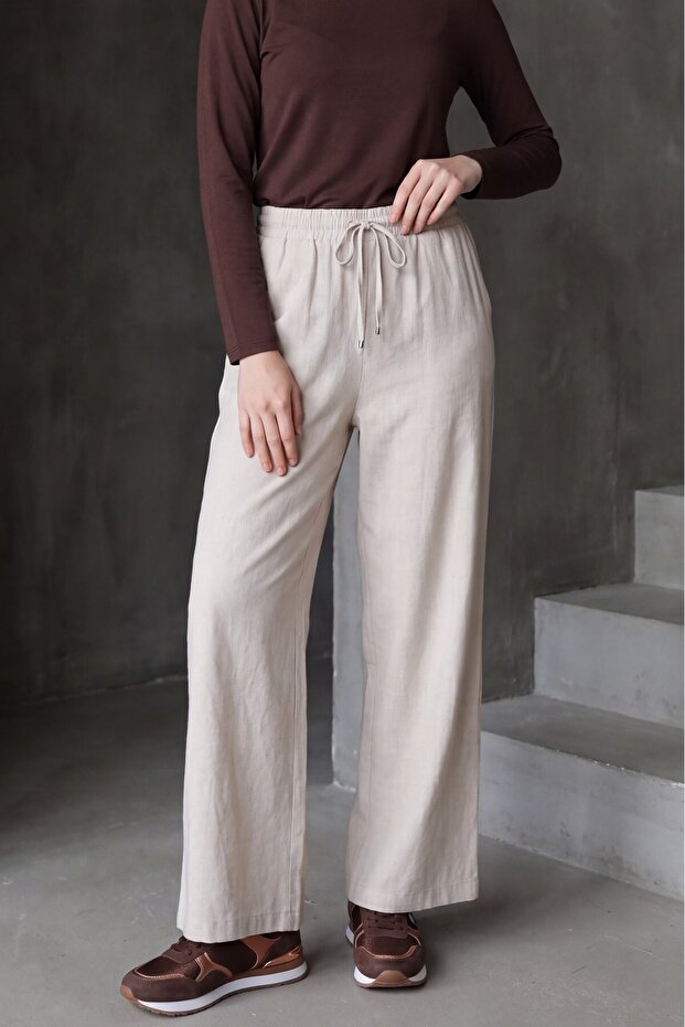 Elastic Waist, Lace Detail, Double Pockets, Wide Leg Tencel Jeans - Stone Color