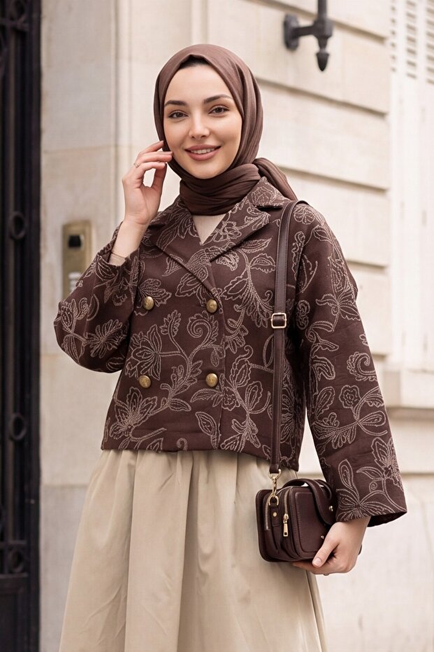Shirt Collar Mixed Patterned Buttoned Front Quilted Jacket -Brown