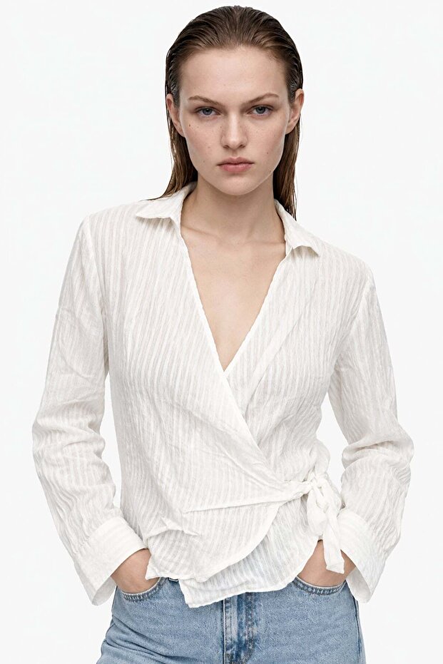 Stylish Double-Breasted Collar Tie-Up Women's Shirt