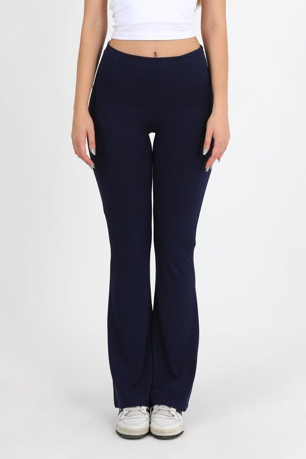 Women's Folded Waist Navy Blue Spanish Leggings - H5989