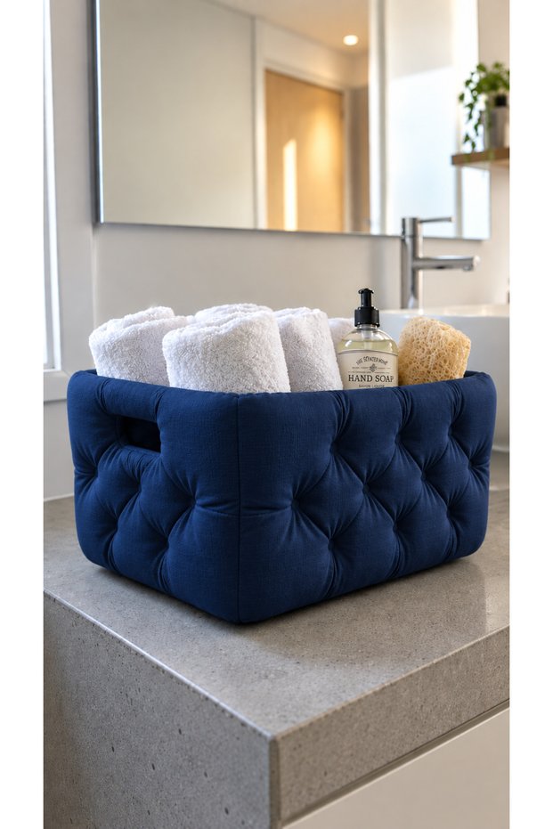 Decorative Quilted Multi-Purpose Organizer Basket – Towel, Bathroom, and Home Organizer