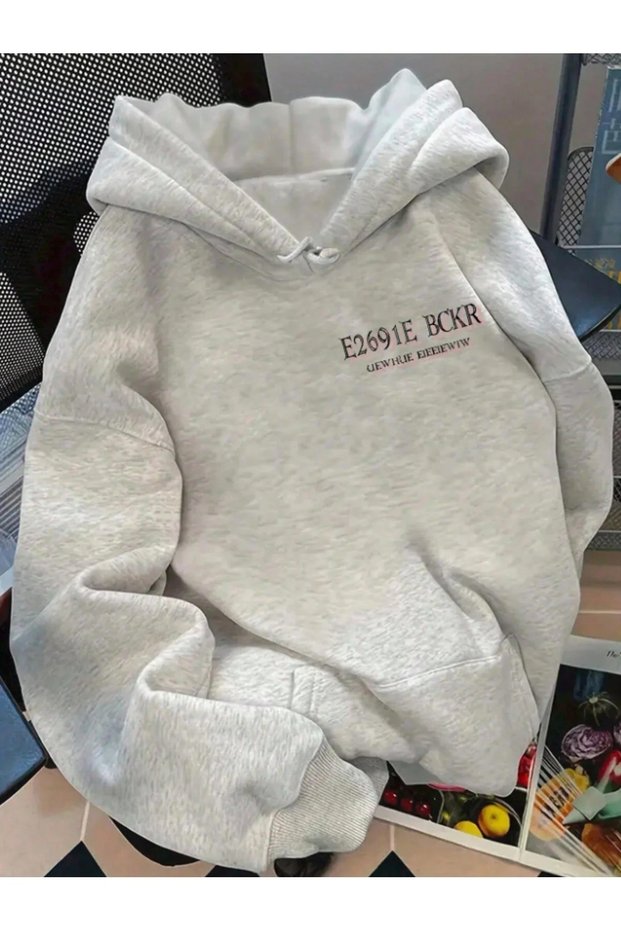 Unisex Gray E2691E Printed Hooded Sweatshirt Printed Premium Oversize T-Shirt